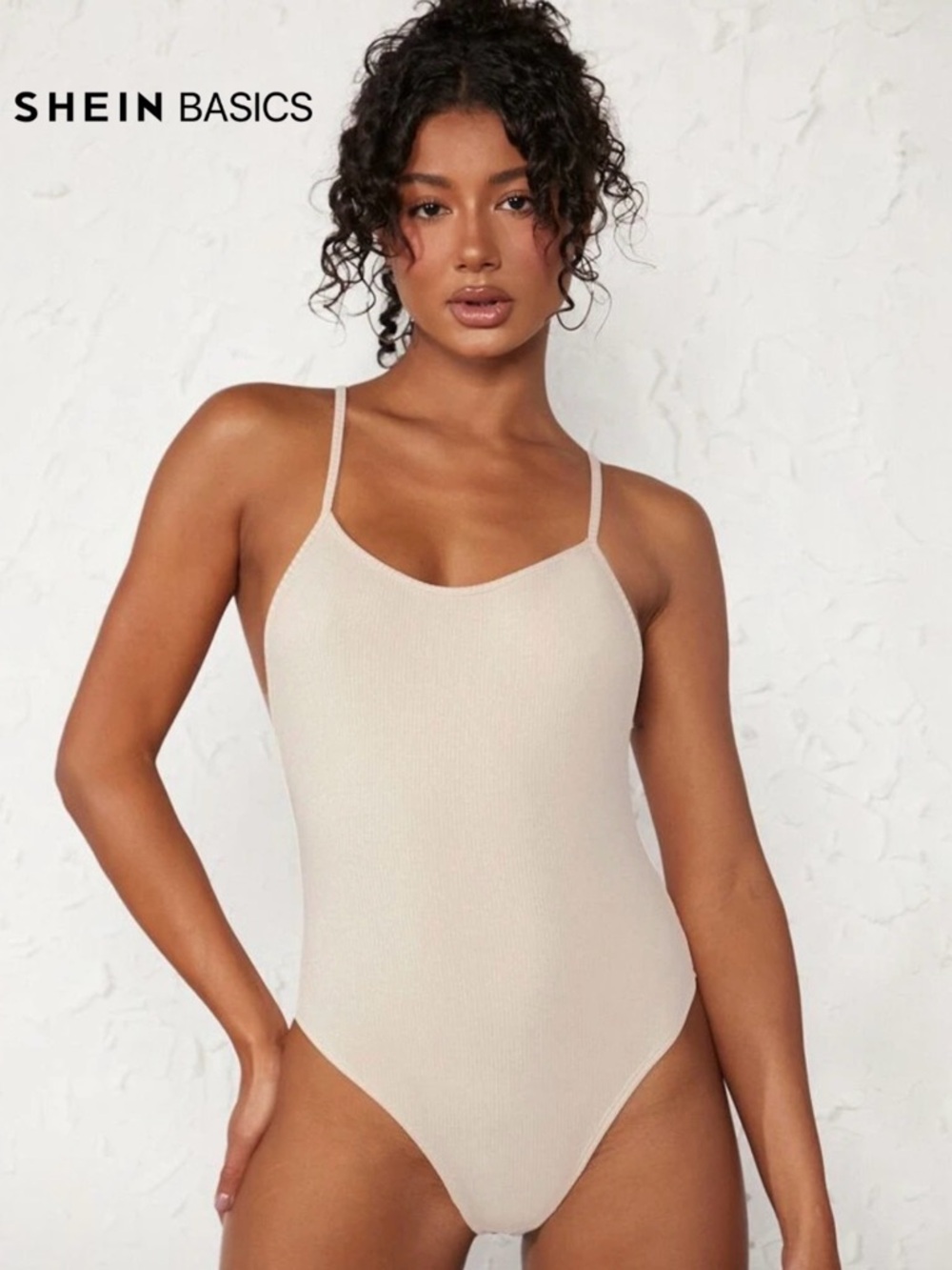 SHEIN Beige Ribbed Spaghetti Strap Bodysuit